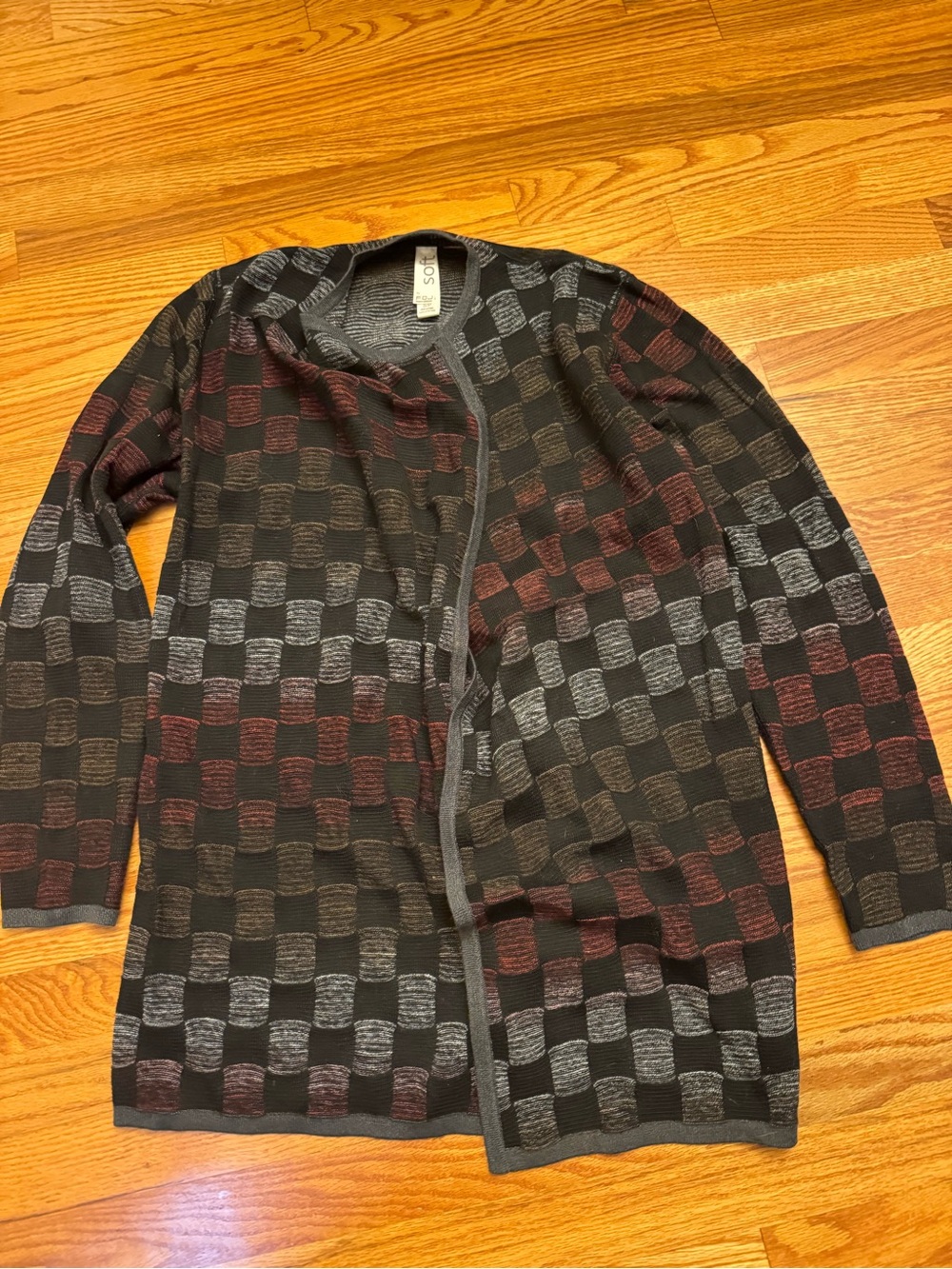 Checker Knit Cardigan Sweater - Black with Gray & Burgundy Accents